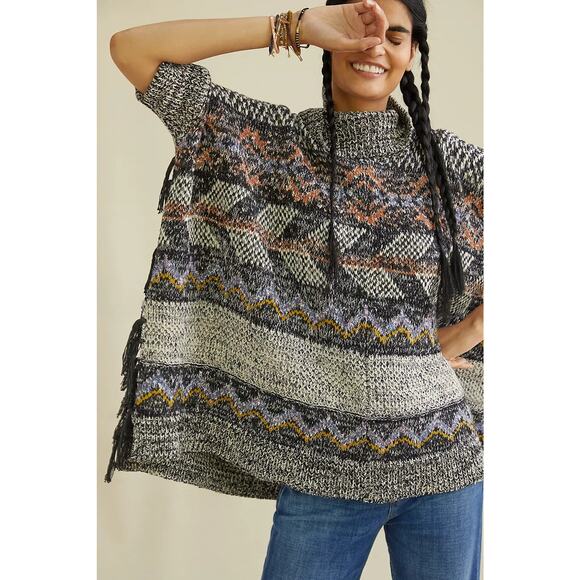 Anthropologie Pilcro Magda Knit Poncho Sweater Boho Fringe Size Medium / Large - Picture 2 of 11
